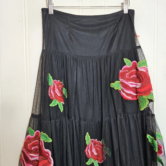 Black Midi Skirt with Red Rose Embroidery - Picture 3 of 14